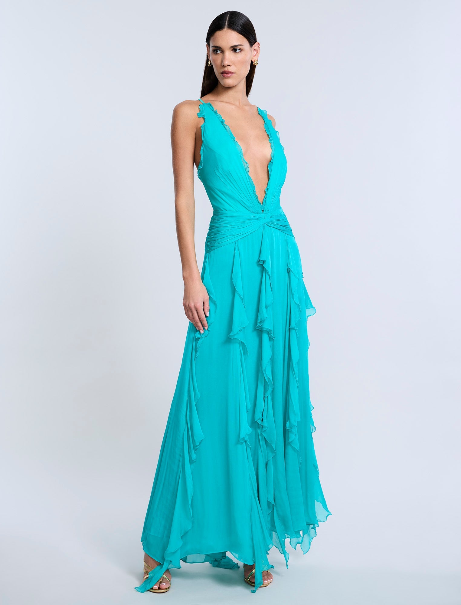 Sexy V Neck Ruffle Flowing Resort Maxi Dress