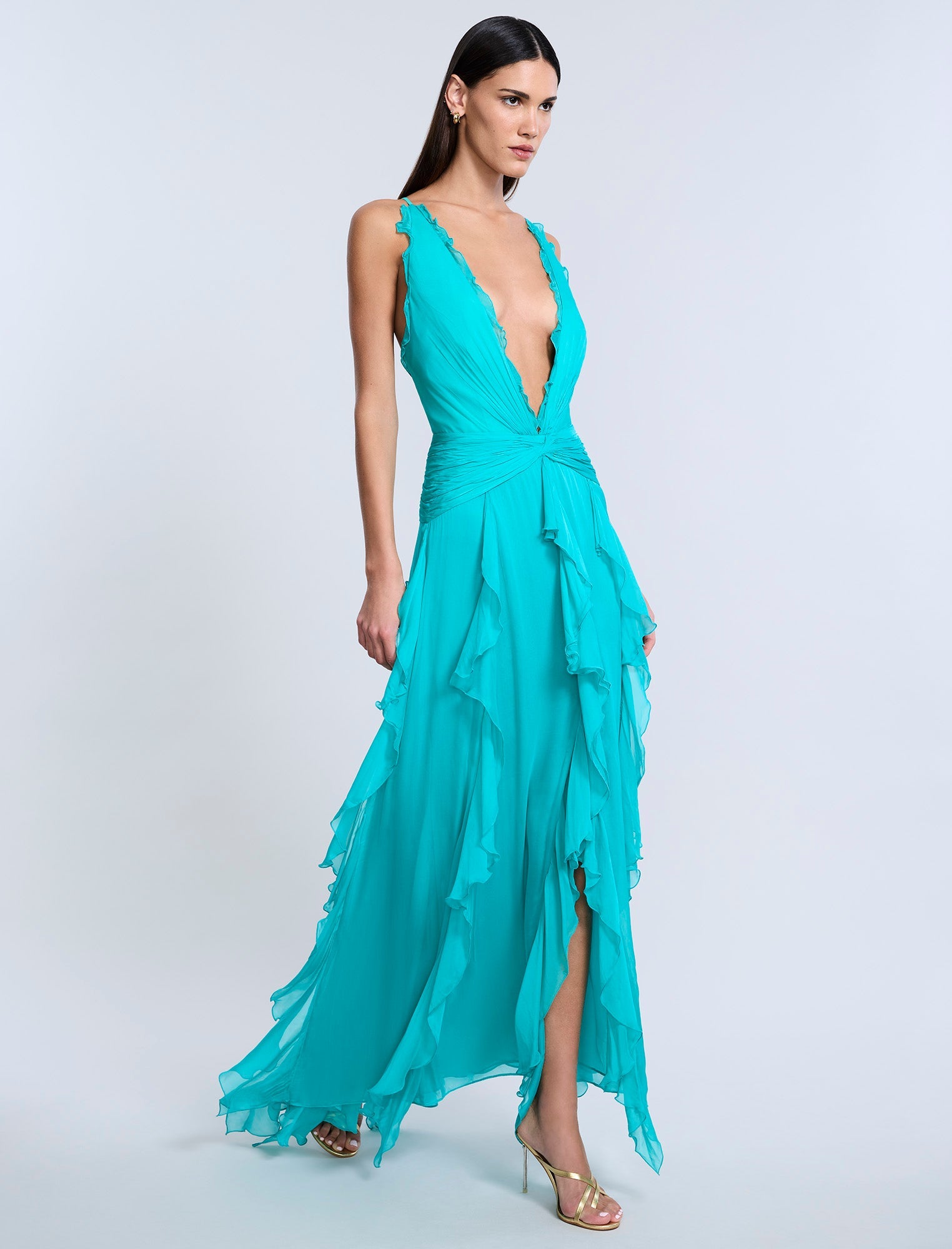 Sexy V Neck Ruffle Flowing Resort Maxi Dress