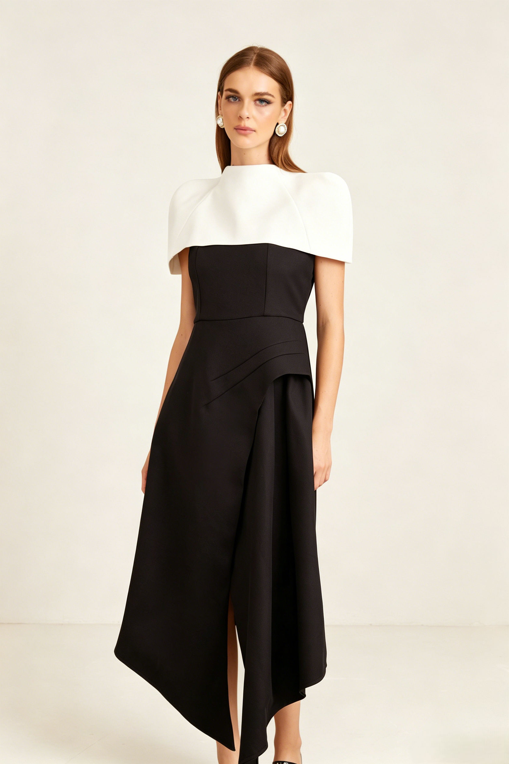 Modern Black and White Cape Dress