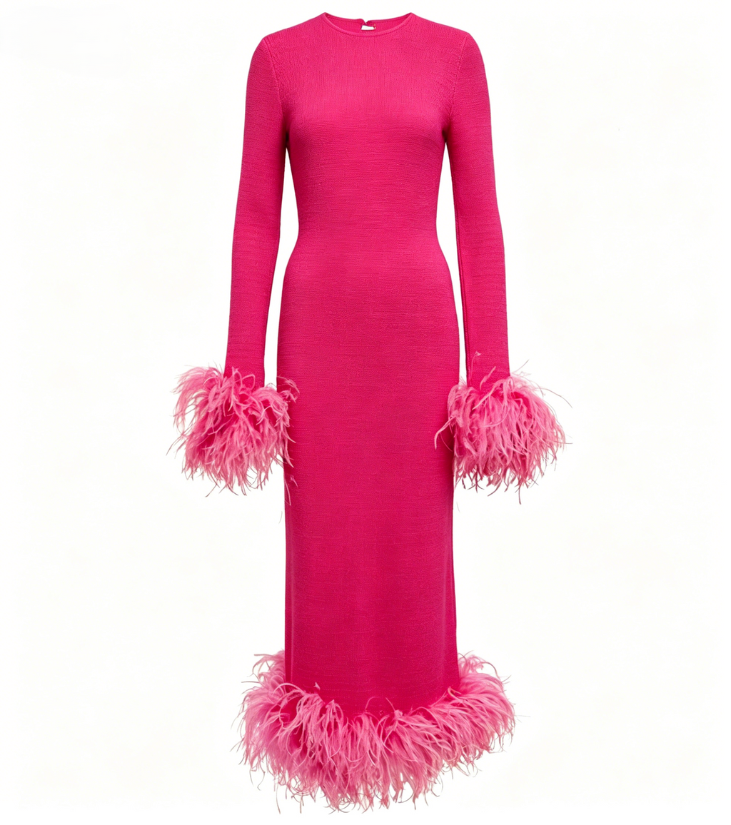 Hot Pink Feather Trim Midi Dress