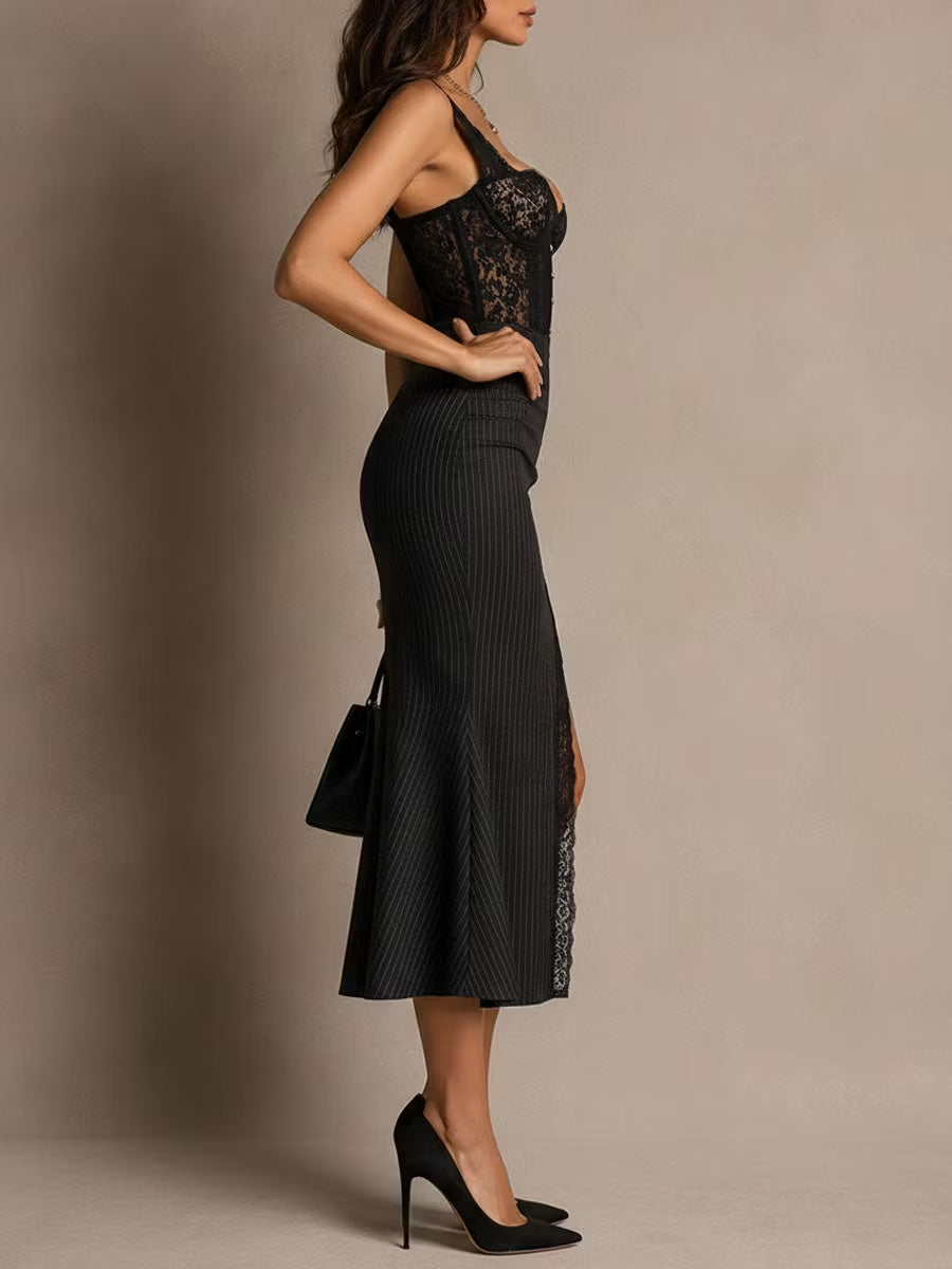 Retro Elegant Charcoal Pinstripe Lace Corset Midi Dress