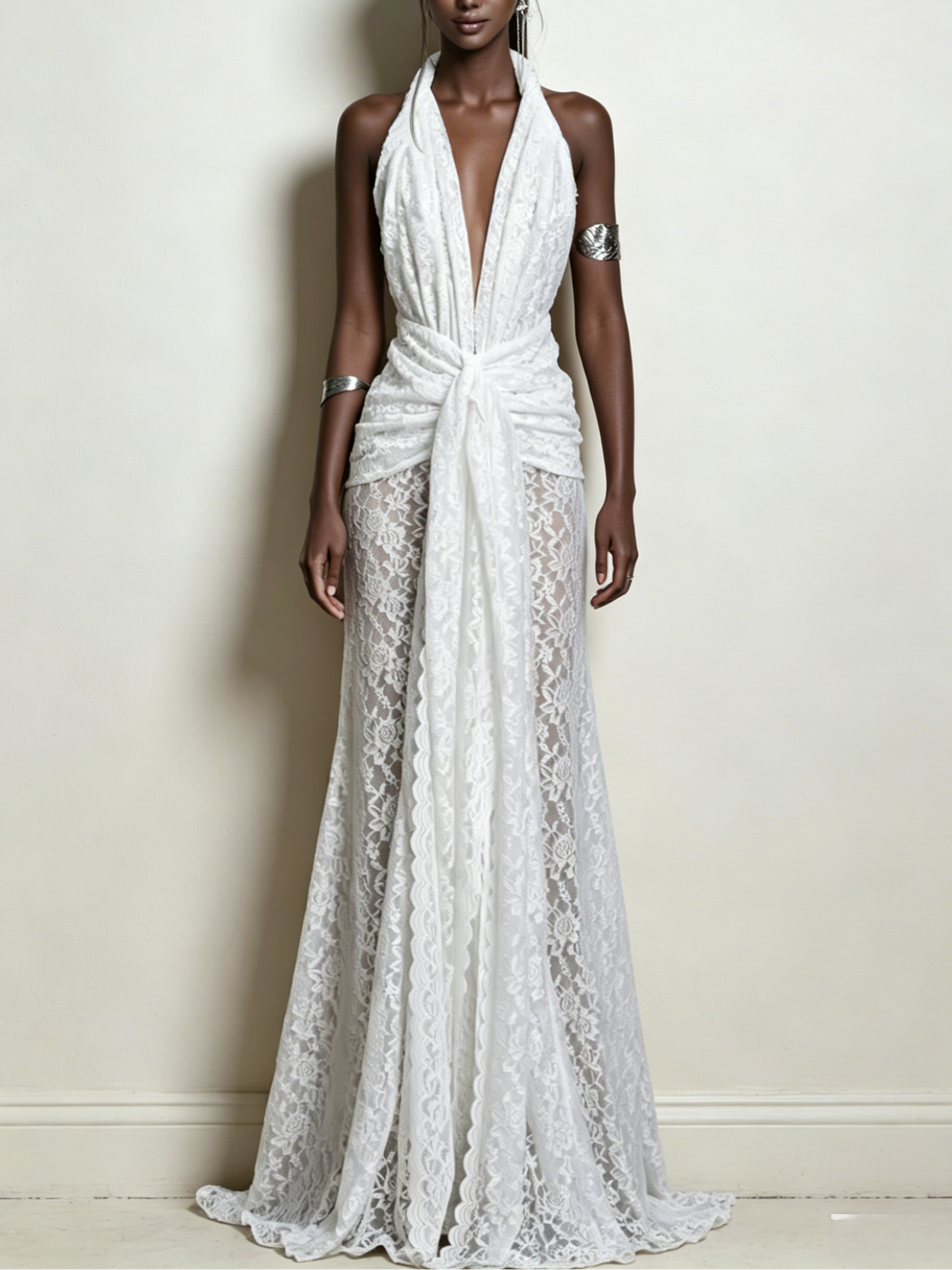 Plunging V-Neck Sheer Floor Length Bridal Gown