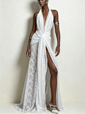 Plunging V-Neck Sheer Floor Length Bridal Gown