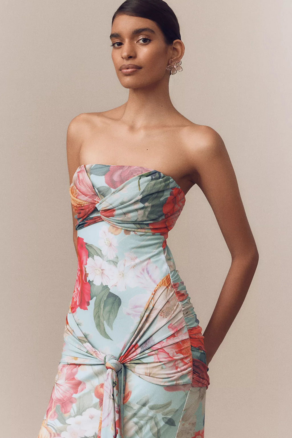 Floral Strapless Twist Front Maxi Dress