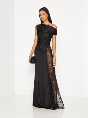 Asymmetrisches, schwarzes Satin-Maxikleid mit Neckholder