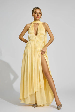 Yellow V Neck Backless  Maxi Dress