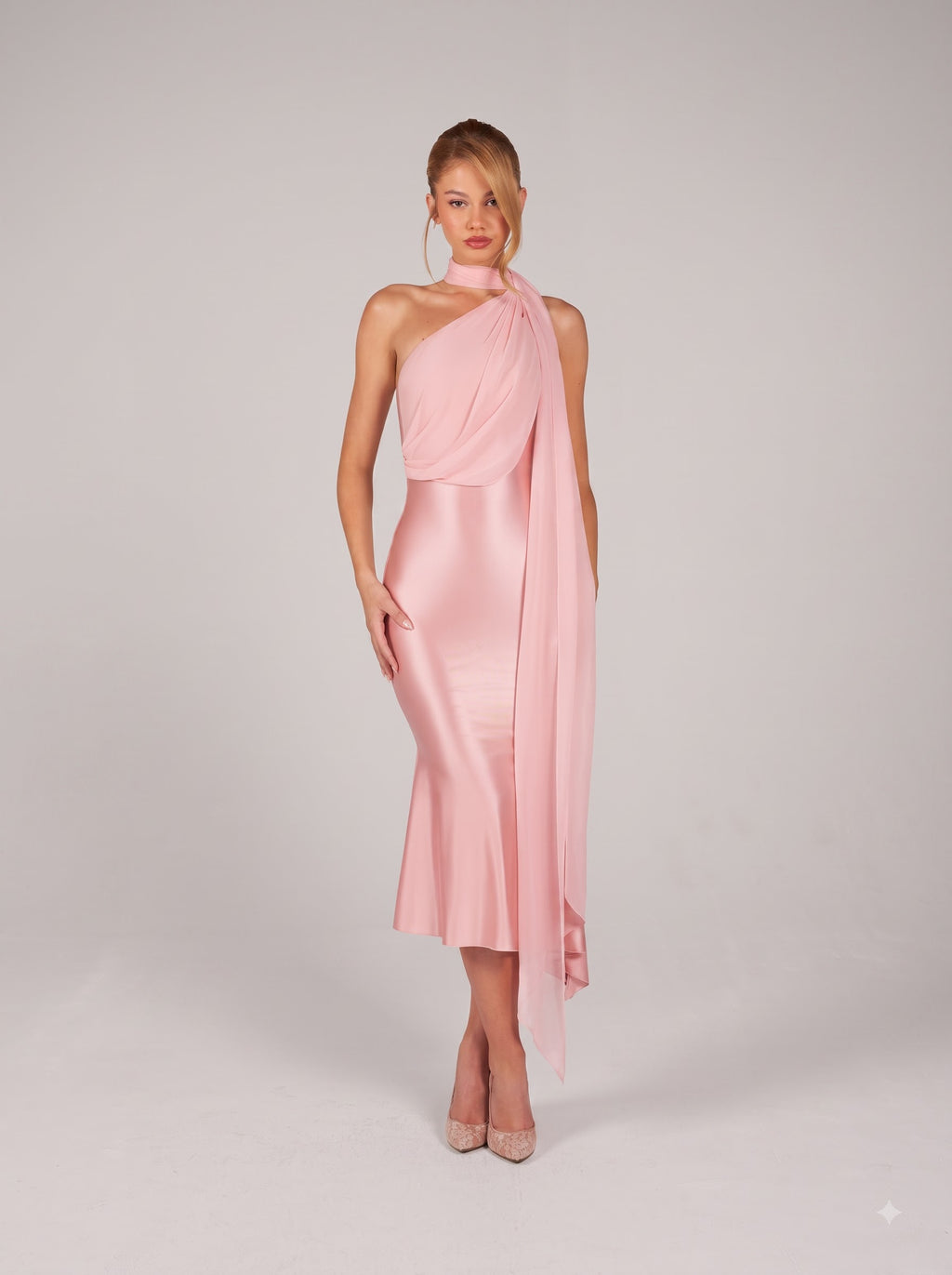 Blush Satin Halter Neck Mermaid Midi Dress