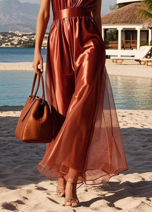 Rust Satin Halter Neck Deep V Flow Maxi Dress
