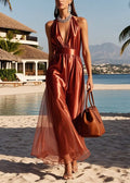 Rust Satin Halter Neck Deep V Flow Maxi Dress