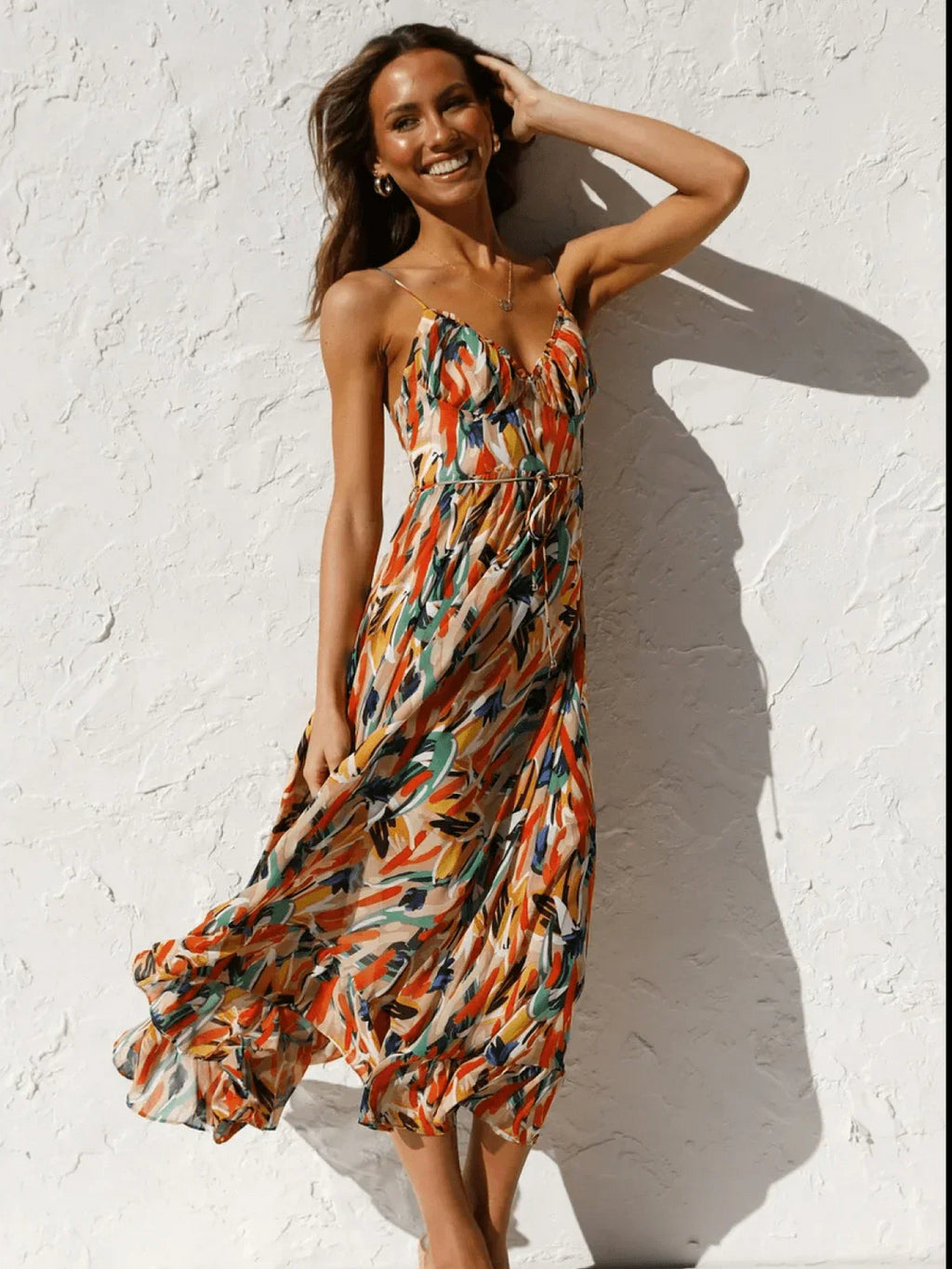 Abstract Print Spaghetti Strap Midi Dress