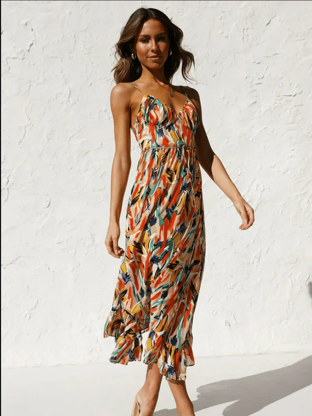 Abstract Print Spaghetti Strap Midi Dress