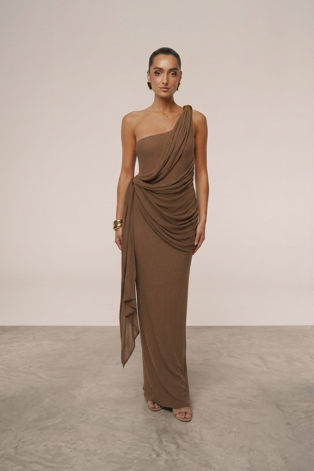Chocolate Brown One Shoulder Draped Asymmetric Maxi Dress