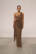 Chocolate Brown One Shoulder Draped Asymmetric Maxi Dress