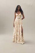 Cream Floral Belted Ruffle Tiered Slit Maxi Dress