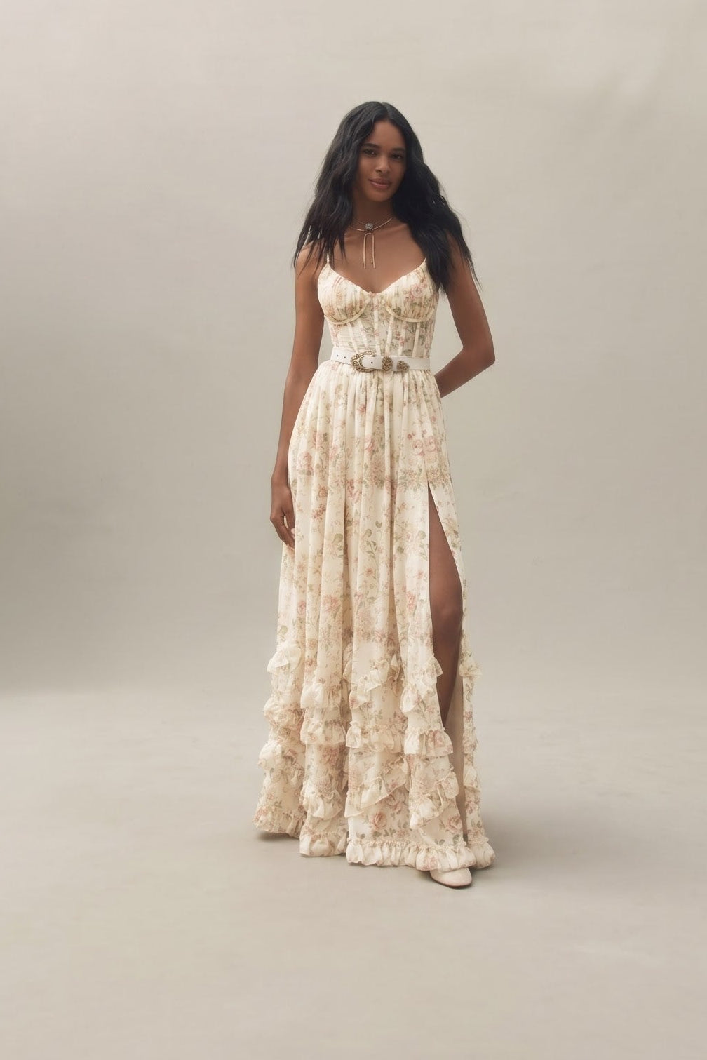 Cream Floral Belted Ruffle Tiered Slit Maxi Dress