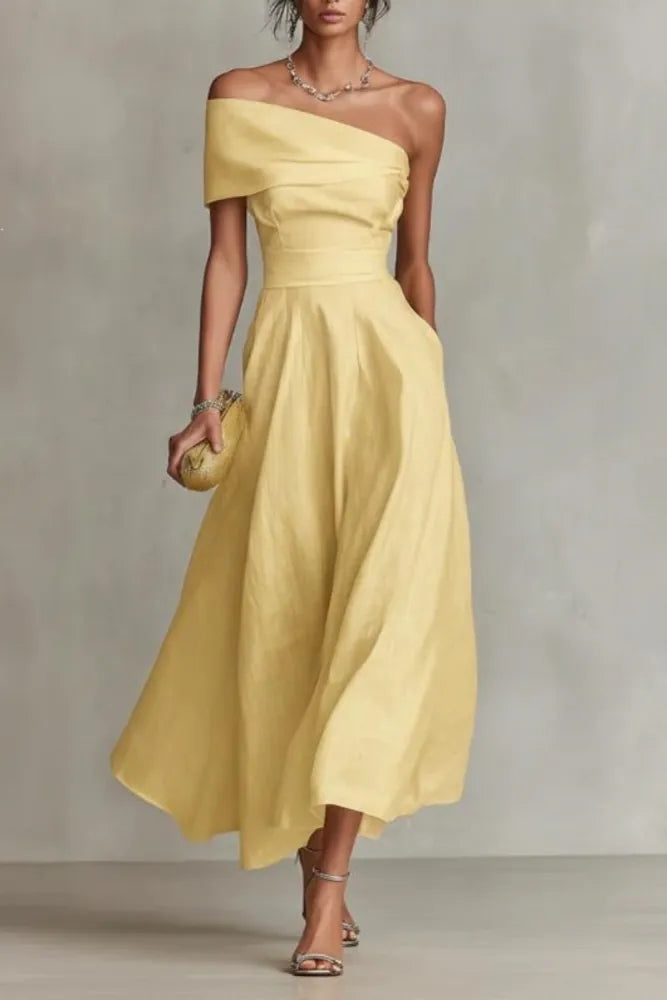 The “Golden Muse” One Shoulder Midi Dress