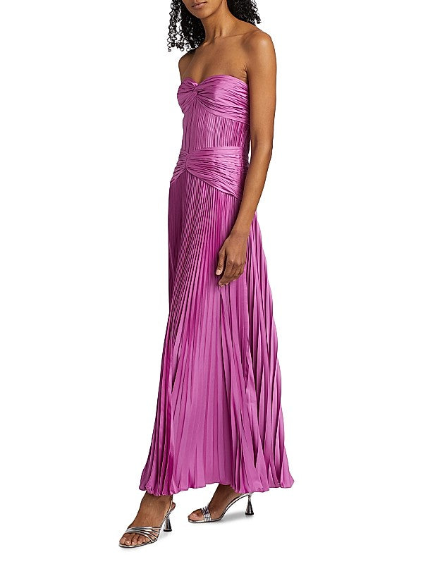 Magenta Pleated Strapless Maxi Dress