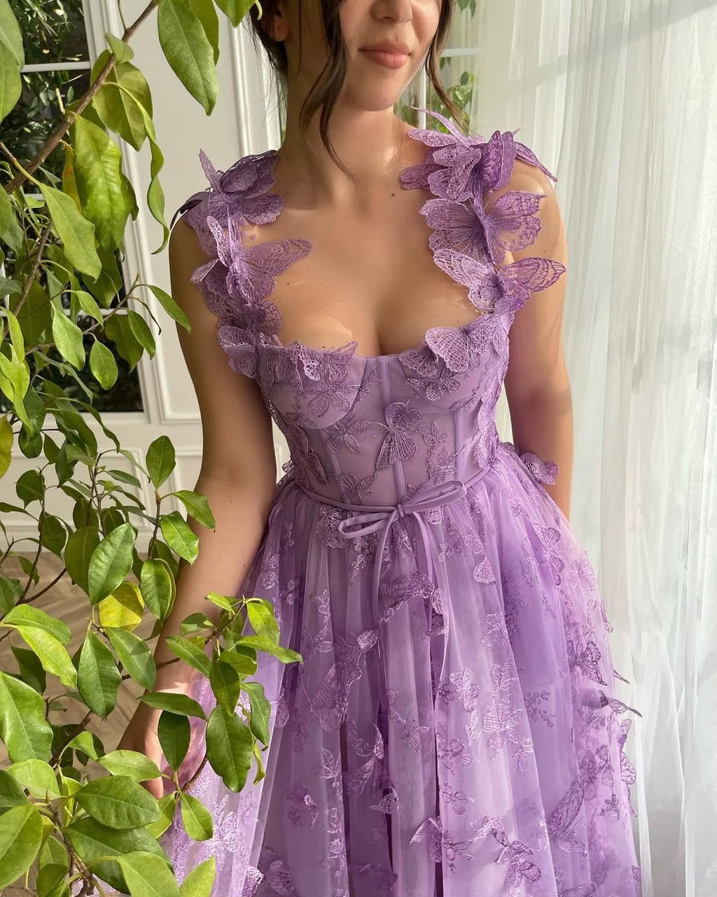 Lavender Floral Appliqué Tulle Princess Maxi Dress