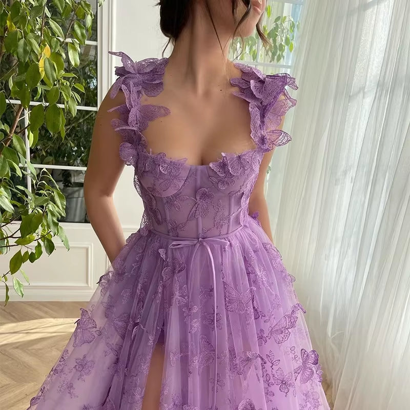 Lavender Floral Appliqué Tulle Princess Maxi Dress