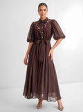 Besticktes Hemdblusenkleid mit Puffärmeln