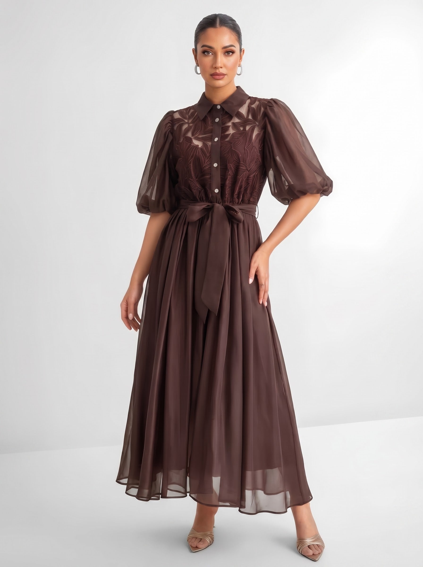Embroidered Puff Sleeve Shirt Dress