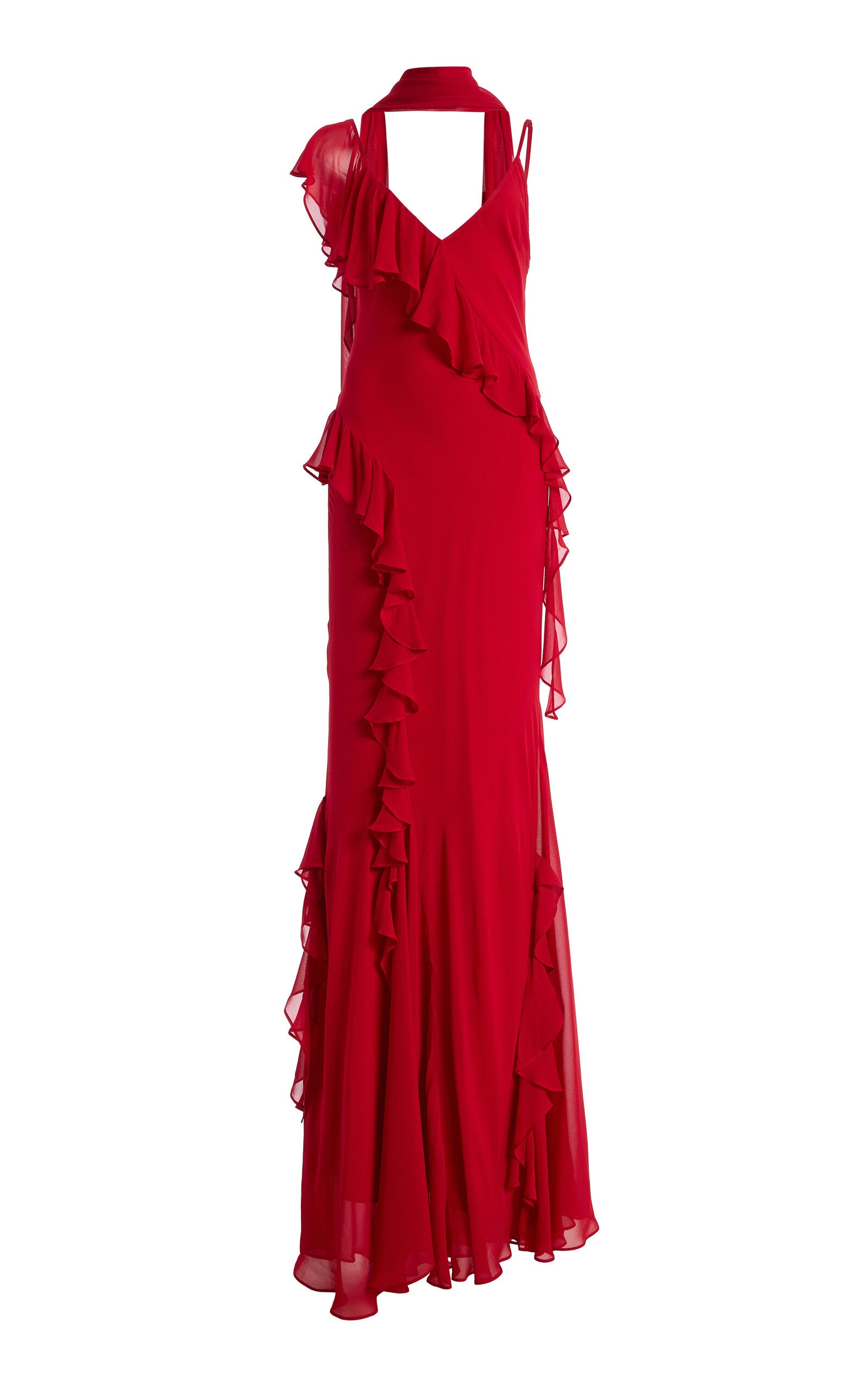 Red Ruffle Detail Halter Neck Maxi Dress