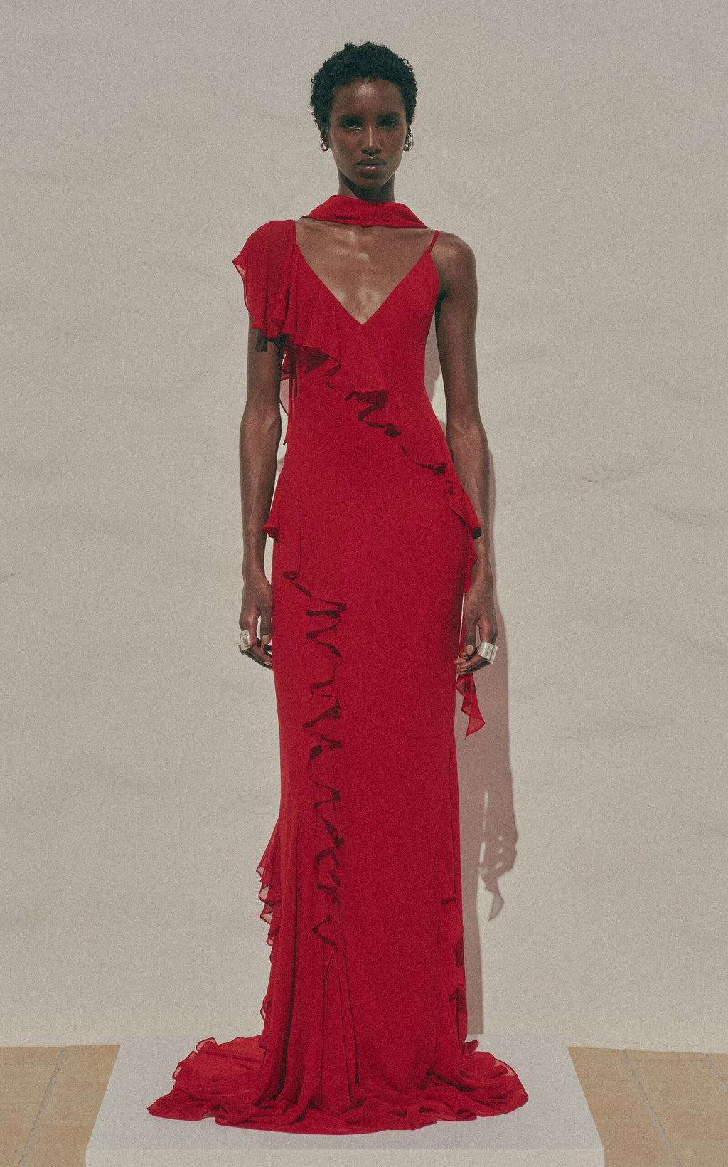 Red Ruffle Detail Halter Neck Maxi Dress
