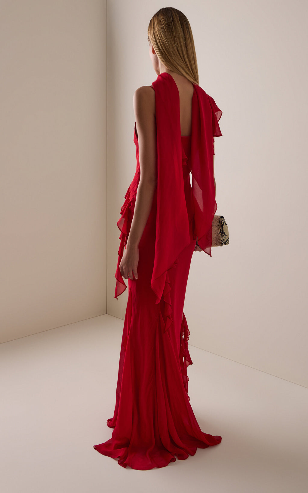 Red Ruffle Detail Halter Neck Maxi Dress