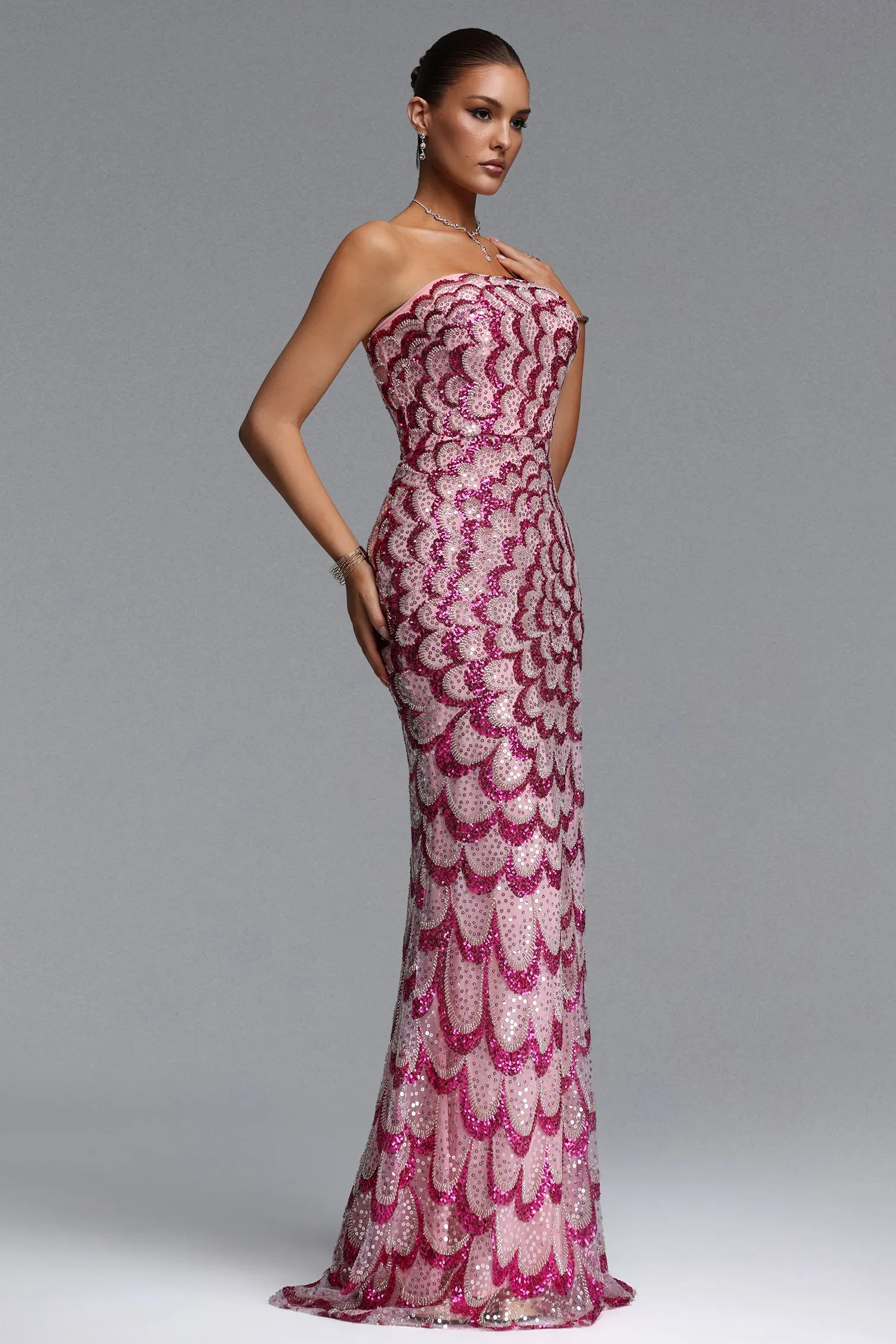 Pink Sequin Scalloped Strapless Mermaid Evening Gown