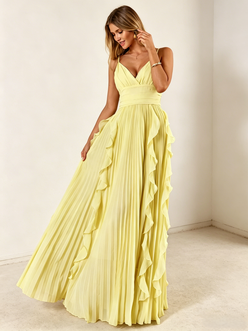 V Neck Yellow Flowy Chiffon Maxi Dress