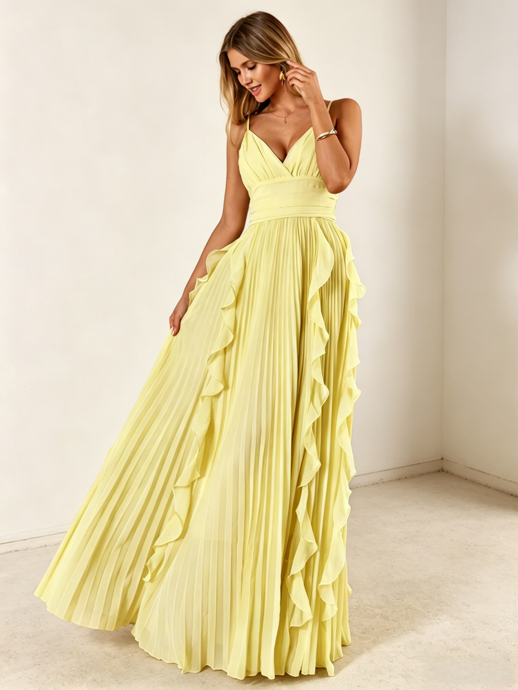 V Neck Yellow Flowy Chiffon Maxi Dress
