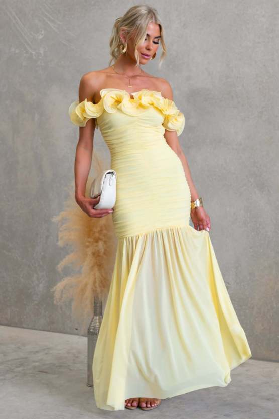 Butter Yellow Off Shoulder Floral Ruffle Strapless Maxi Dress