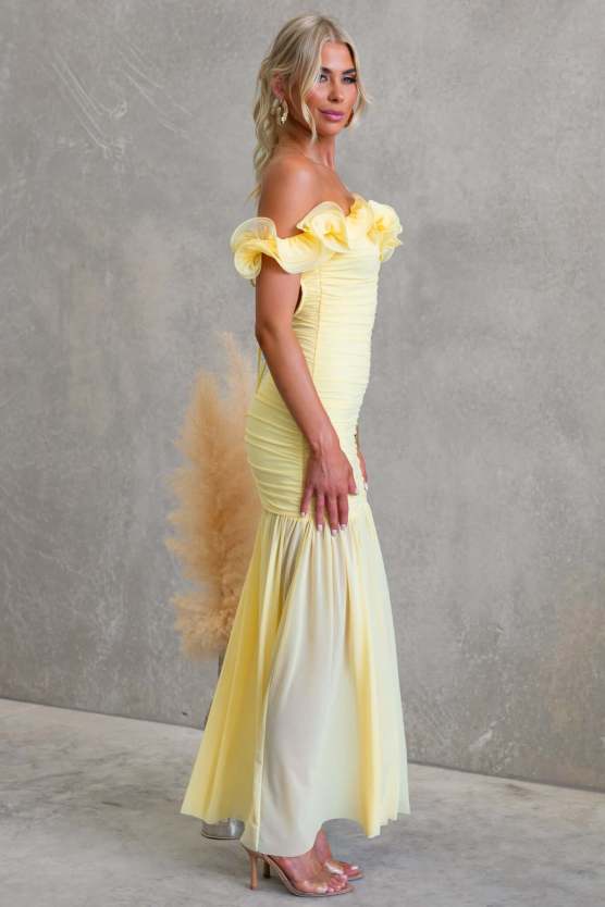 Butter Yellow Off Shoulder Floral Ruffle Strapless Maxi Dress