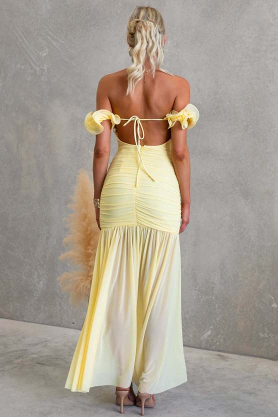 Butter Yellow Off Shoulder Floral Ruffle Strapless Maxi Dress