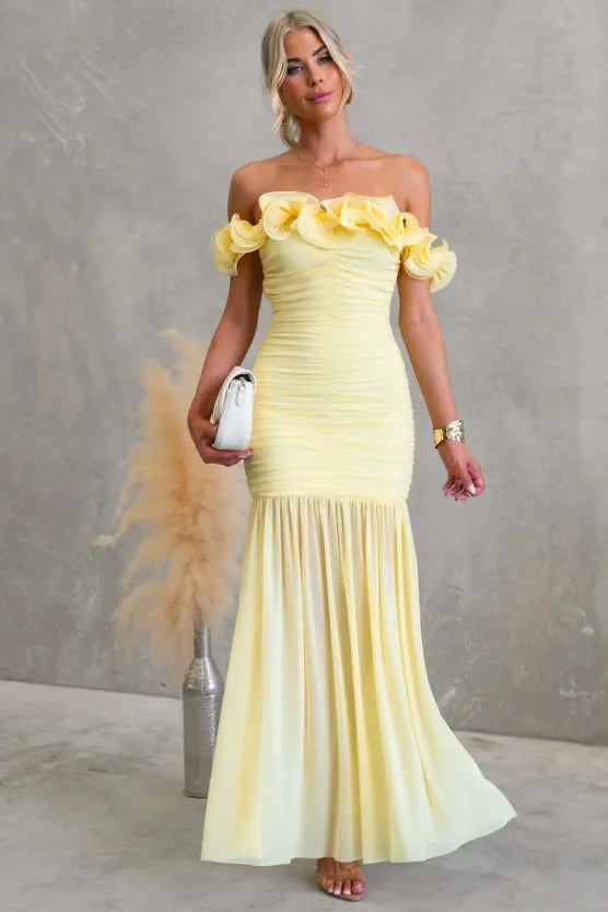 Butter Yellow Off Shoulder Floral Ruffle Strapless Maxi Dress
