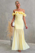 Butter Yellow Off Shoulder Floral Ruffle Strapless Maxi Dress