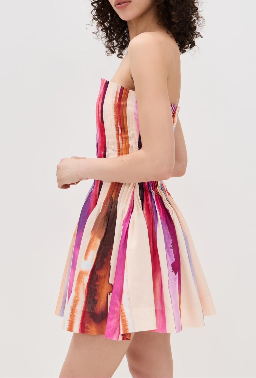 Stripe Strapless Pleated Mini Dress