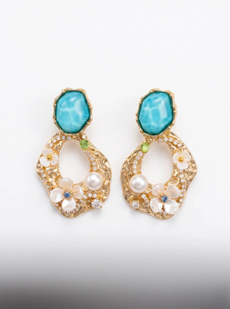 Turquoise Floral Pearl Drop Earrings