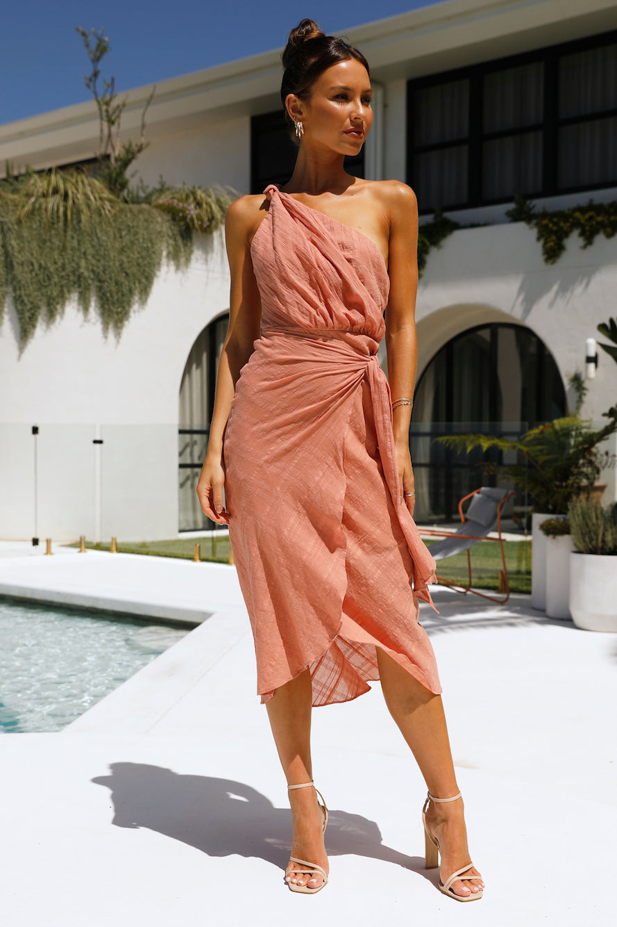 Terracotta One Shoulder Draped Wrap Midi Dress