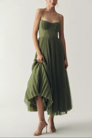 Green Spaghetti Strap Pleated Midi Dress