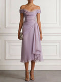 Romantic Off-Shoulder Pleated Occasion Dress in Lavender