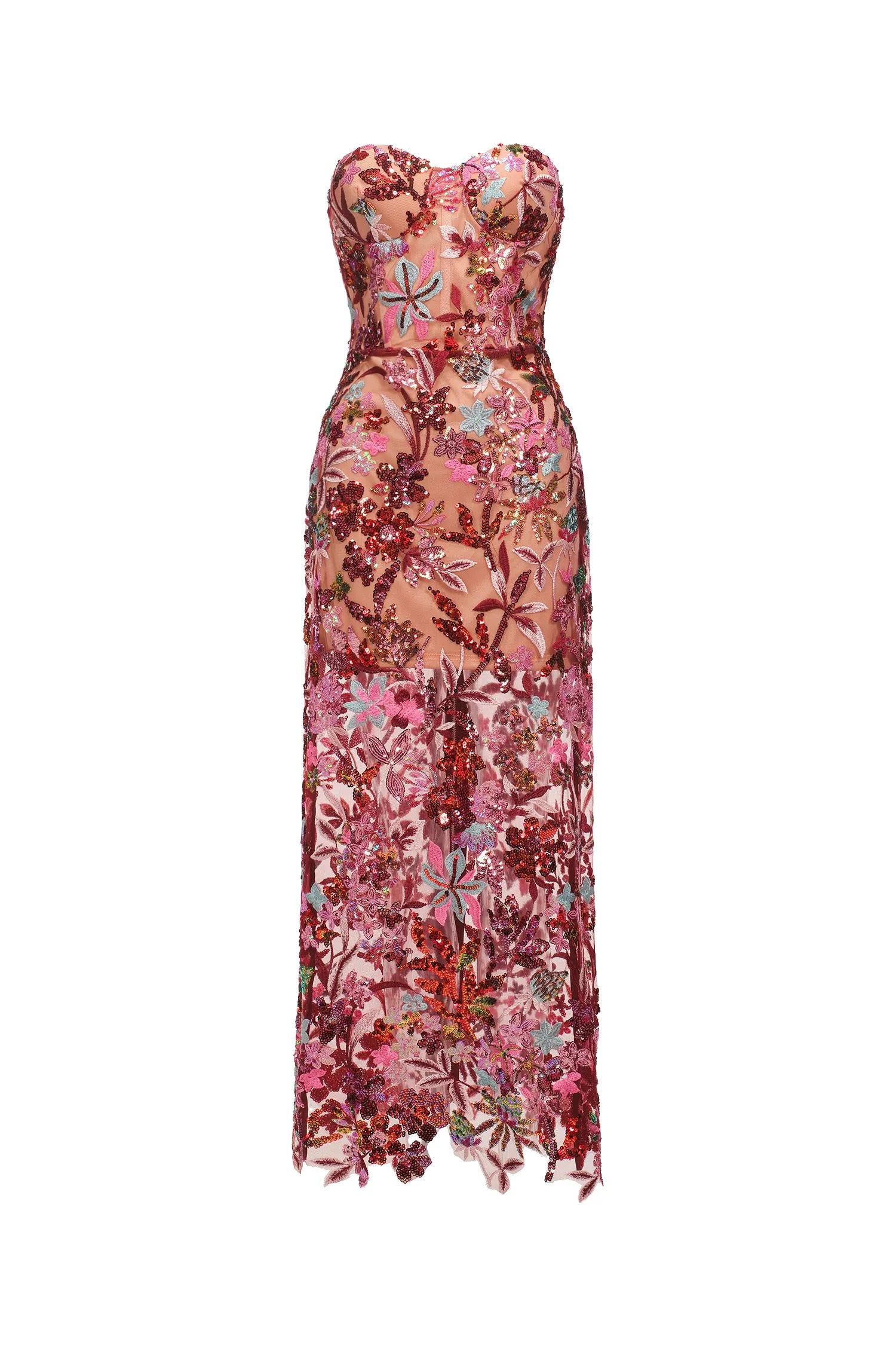 Pink Sequin Floral Embroidered Strapless Bodycon Maxi Dress