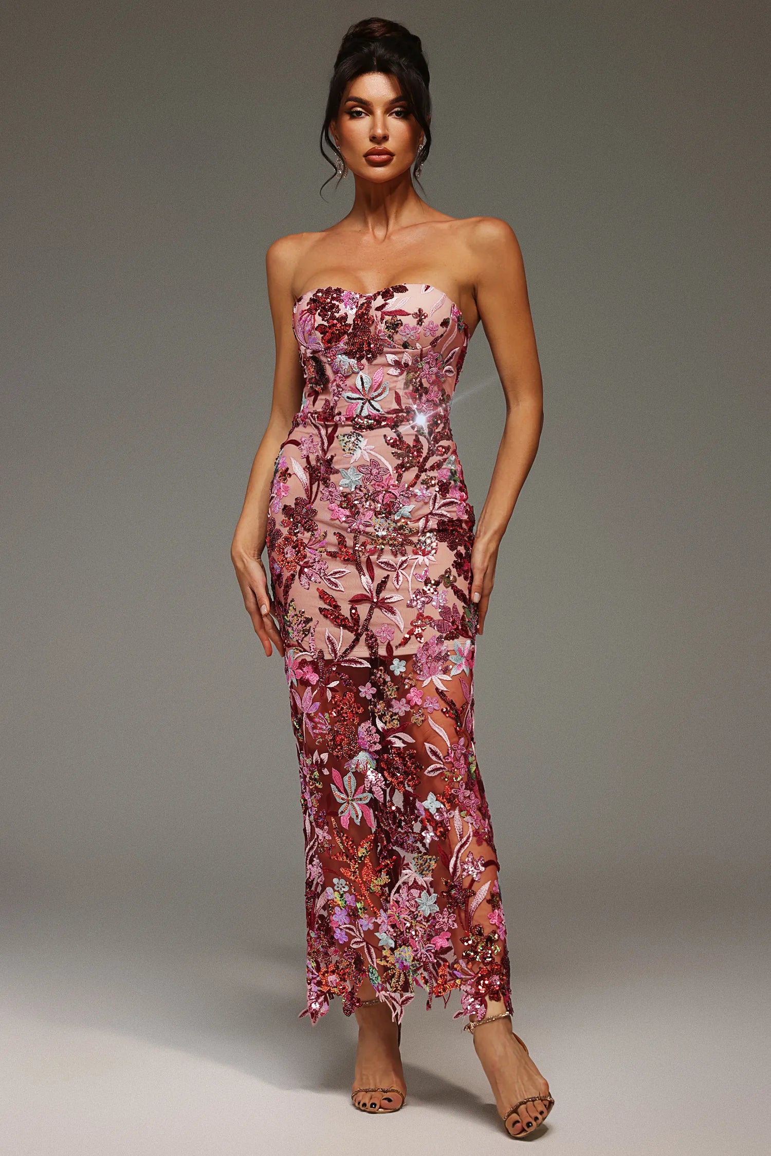 Pink Sequin Floral Embroidered Strapless Bodycon Maxi Dress