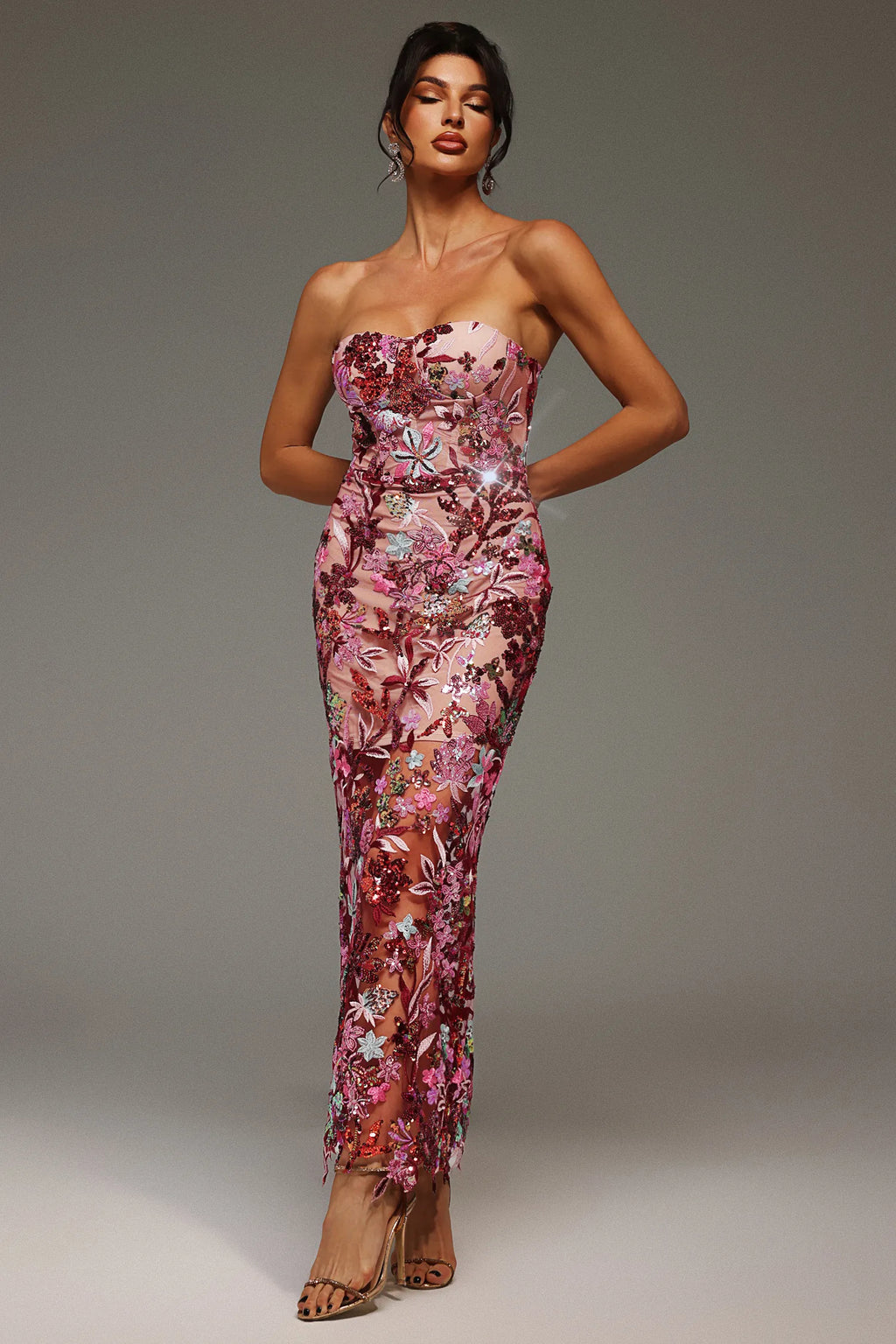 Pink Sequin Floral Embroidered Strapless Bodycon Maxi Dress