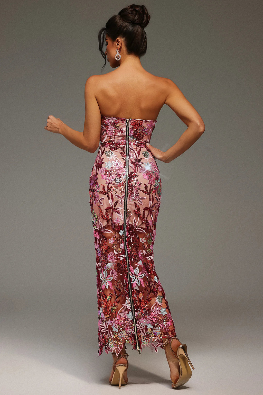 Pink Sequin Floral Embroidered Strapless Bodycon Maxi Dress