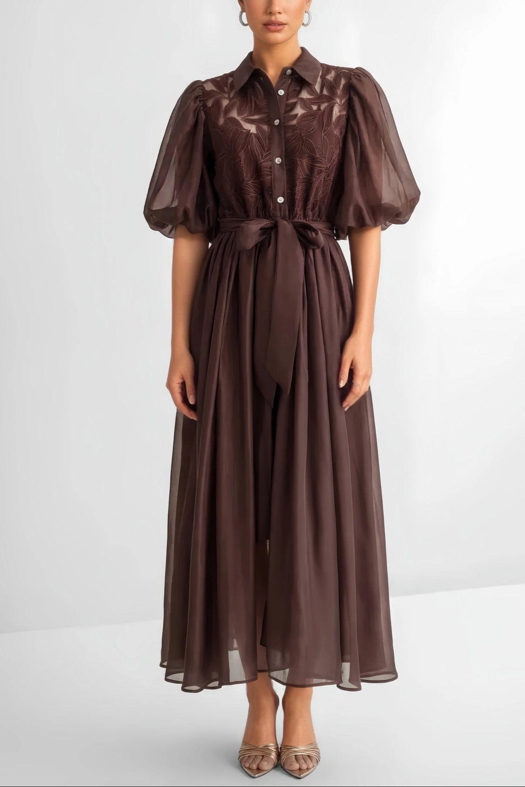 Embroidered Puff Sleeve Shirt Dress