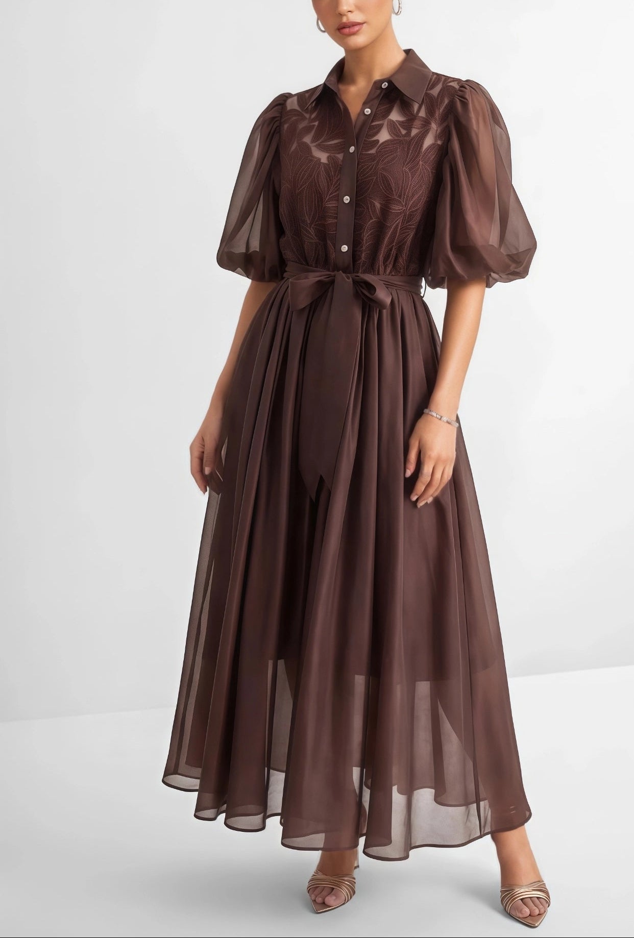 Embroidered Puff Sleeve Shirt Dress