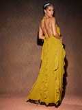 Mustard Yellow Halter Ruffle Pleated Flow Maxi Dress