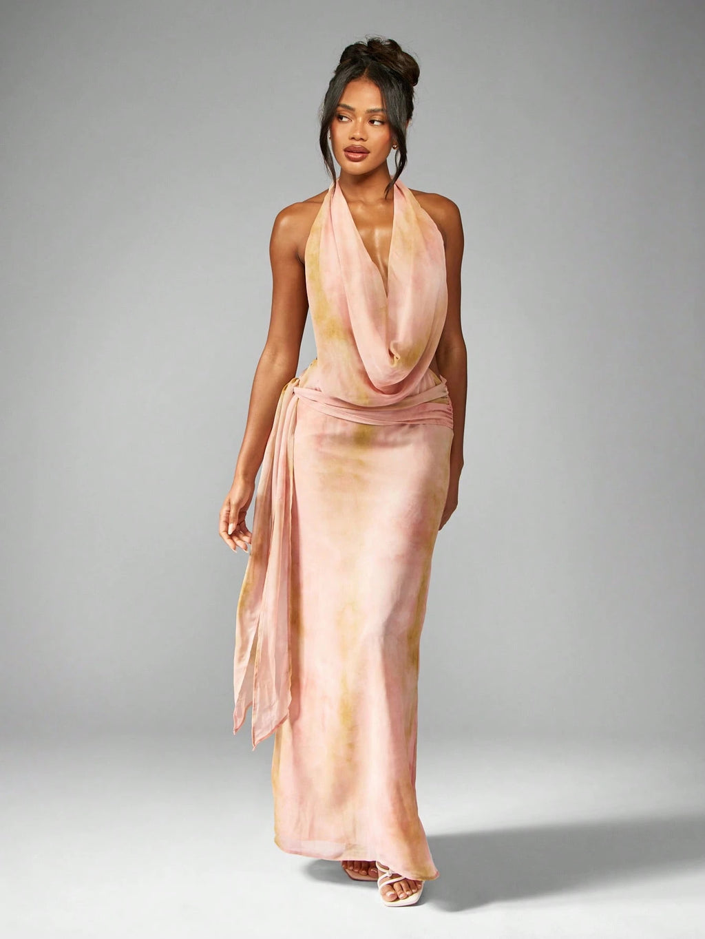 Peach Ombre Draped Halter Neck Satin Midi Dress