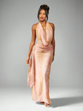 Peach Ombre Draped Halter Neck Satin Midi Dress